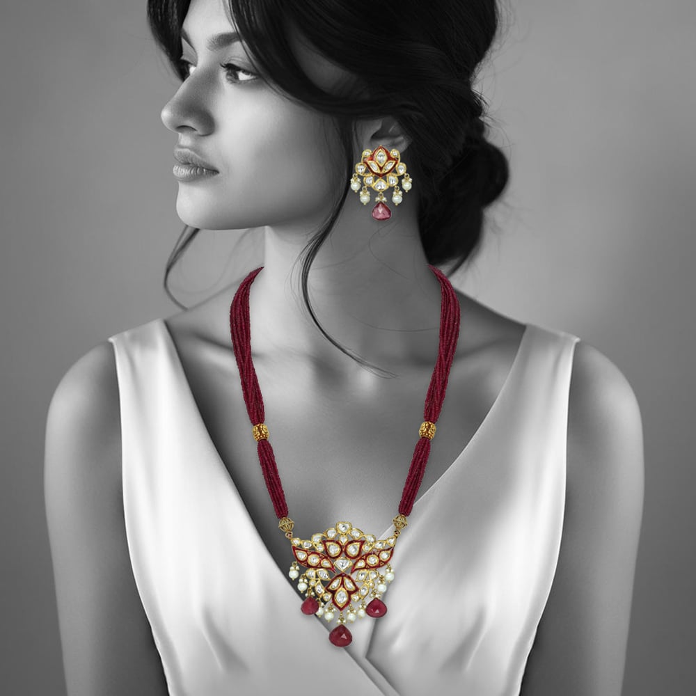 Red Enamel Polki Pendant Set with Tourmaline and Pearl Drops